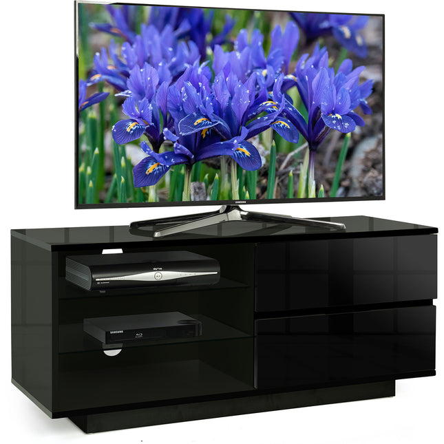 Centurion Supports Gallus High Gloss Black TV Stand with 2 Drawers and 3-Shelves Modern Entertainment Unit for TVs up to 55 Inch - FULLY ASSEMBLED