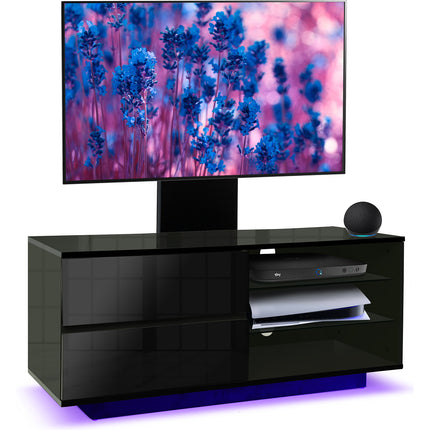 Centurion Supports Gallus Gloss Black with 2-Black Drawers and 3-Shelf 32"-55" LED/LCD/Plasma Cabinet TV Stand with 16 colour LED Lights and Mounting Arm