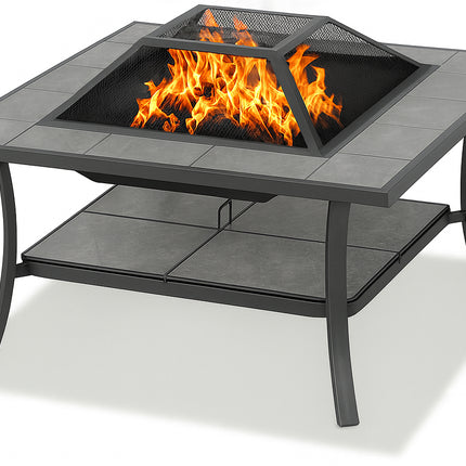 Centurion Supports SHANGO Premium Multi-Functional Black with Ceramic Tiles Outdoor Garden and Patio Square Heater Fire Pit Brazier and Outdoor Table