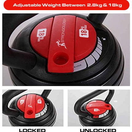 Strongology 7-in-1 Adjustable Smart Kettlebell up to 18kg Black with Red Dial Home Fitness Gym Equipment