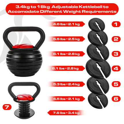 Strongology 7-in-1 Adjustable Smart Kettlebell up to 18kg Black with Red Dial Home Fitness Gym Equipment