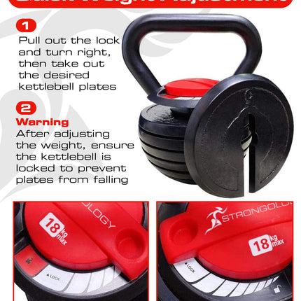 Strongology 7-in-1 Adjustable Smart Kettlebell up to 18kg Black with Red Dial Home Fitness Gym Equipment