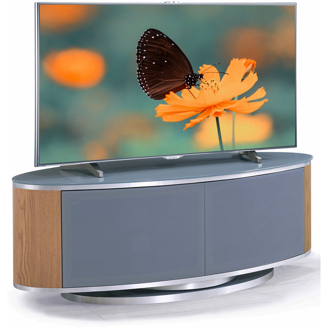 MDA Designs LUNA Grey Oval Cabinet with Oak Profiles & Grey BeamThru Glass Doors Suitable for Flat Screen TVs up to 50"