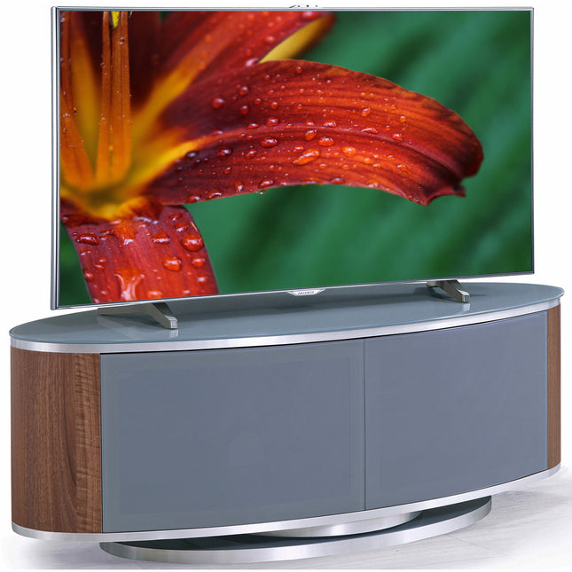 MDA Designs LUNA Grey Oval Cabinet with Walnut Profiles & Grey BeamThru Glass Doors Suitable for Flat Screen TVs up to 50"