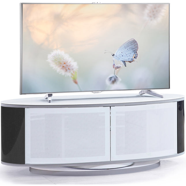 MDA Designs LUNA Gloss White Oval Cabinet with Black Profiles and White BeamThru Glass Doors Suitable for Flat Screen TVs up to 50"