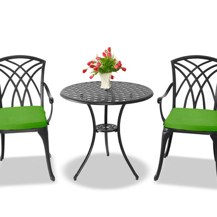 Centurion Supports OSHOWA Luxurious Garden and Patio Table and 2 Large Chairs with Armrests Cast Aluminium Bistro Set - Black with Green Cushions