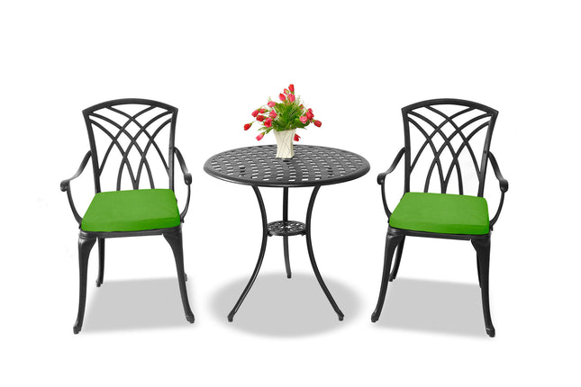 Centurion Supports OSHOWA Luxurious Garden and Patio Table and 2 Large Chairs with Armrests Cast Aluminium Bistro Set - Black with Green Cushions