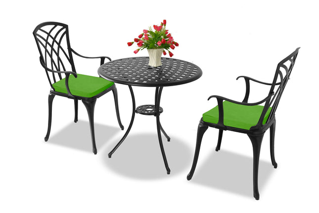 Centurion Supports OSHOWA Luxurious Garden and Patio Table and 2 Large Chairs with Armrests Cast Aluminium Bistro Set - Black with Green Cushions
