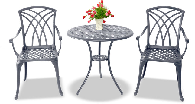 Centurion Supports OSHOWA Luxurious Garden and Patio Table and 2 Large Chairs with Armrests Cast Aluminium Bistro Set Grey