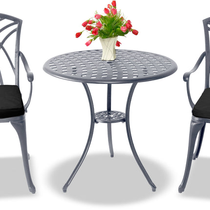 Centurion Supports OSHOWA Luxurious Garden and Patio Table and 2 Large Chairs with Armrests Cast Aluminium Bistro Set - Grey with Black Cushions