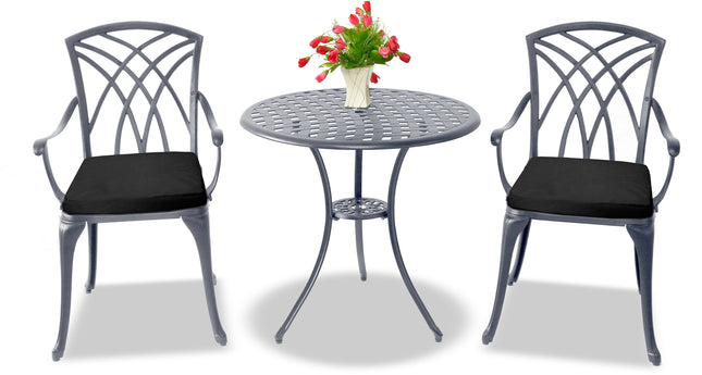 Centurion Supports OSHOWA Luxurious Garden and Patio Table and 2 Large Chairs with Armrests Cast Aluminium Bistro Set - Grey with Black Cushions