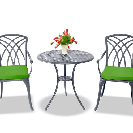 Centurion Supports OSHOWA Luxurious Garden and Patio Table and 2 Large Chairs with Armrests Cast Aluminium Bistro Set - Grey with Green Cushions