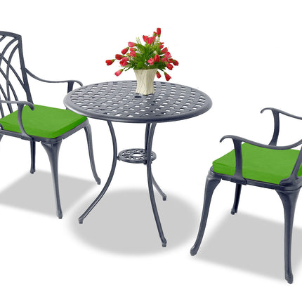Centurion Supports OSHOWA Luxurious Garden and Patio Table and 2 Large Chairs with Armrests Cast Aluminium Bistro Set - Grey with Green Cushions