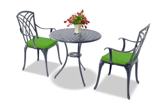 Centurion Supports OSHOWA Luxurious Garden and Patio Table and 2 Large Chairs with Armrests Cast Aluminium Bistro Set - Grey with Green Cushions