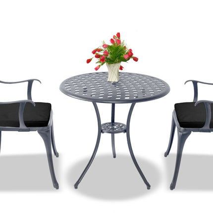 Centurion Supports OSHOWA Luxurious Garden and Patio Table and 2 Large Chairs with Armrests Cast Aluminium Bistro Set - Grey with Black Cushions