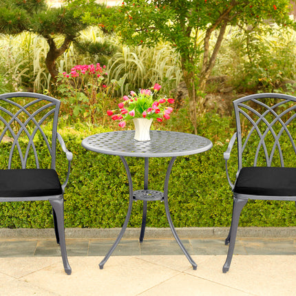 Centurion Supports OSHOWA Luxurious Garden and Patio Table and 2 Large Chairs with Armrests Cast Aluminium Bistro Set - Grey with Black Cushions