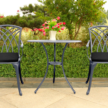 Centurion Supports OSHOWA Luxurious Garden and Patio Table and 2 Large Chairs with Armrests Cast Aluminium Bistro Set - Grey with Black Cushions