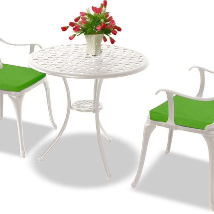 Centurion Supports OSHOWA Luxurious Garden and Patio Table and 2 Large Chairs with Armrests Cast Aluminium Bistro Set - White with Green Cushions