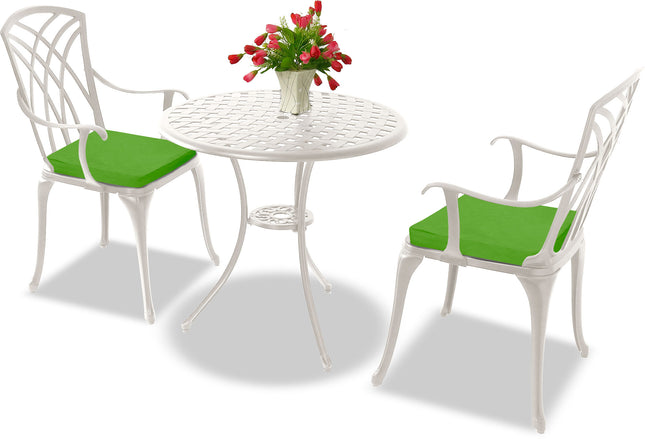 Centurion Supports OSHOWA Luxurious Garden and Patio Table and 2 Large Chairs with Armrests Cast Aluminium Bistro Set - White with Green Cushions