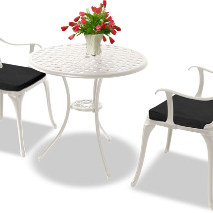 Centurion Supports OSHOWA Luxurious Garden and Patio Table and 2 Large Chairs with Armrests Cast Aluminium Bistro Set - White with Black Cushions