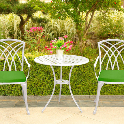 Centurion Supports OSHOWA Luxurious Garden and Patio Table and 2 Large Chairs with Armrests Cast Aluminium Bistro Set - White with Green Cushions