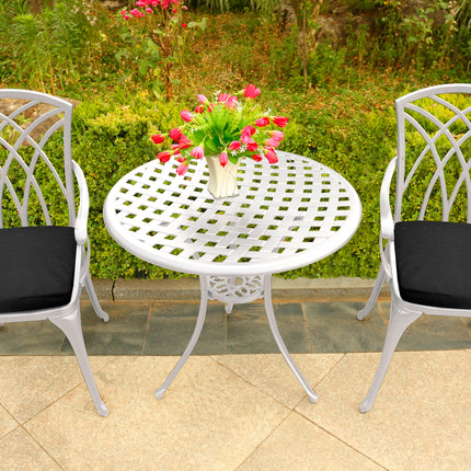 Centurion Supports OSHOWA Luxurious Garden and Patio Table and 2 Large Chairs with Armrests Cast Aluminium Bistro Set - White with Black Cushions