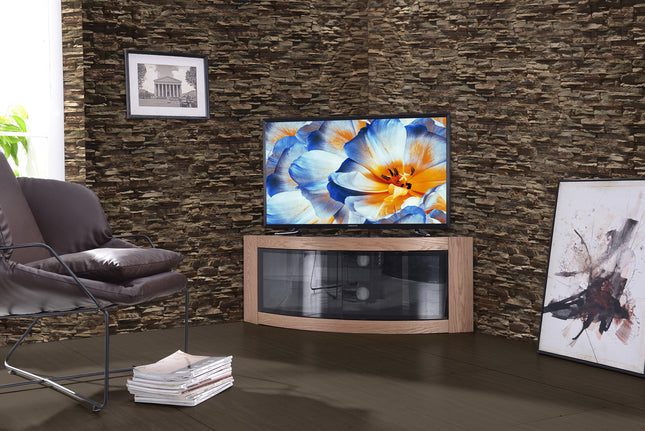 Centurion Supports PANGEA Black Oak Beam-Thru Curved Tru-Corner 32"-50" TV Cabinet