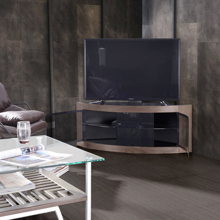Centurion Supports PANGEA Black and Walnut Veneer Beam-Thru Curved Tru-Corner 32"-50" TV Cabinet - Grade A