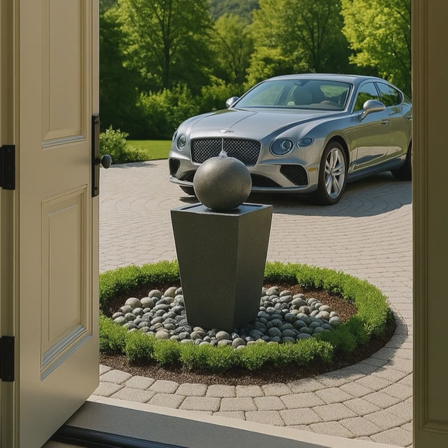 MDA Designs Osiris Outdoor Sphere and Column Water Feature LED Lit Self-Contained Garden and Patio Water Fountain