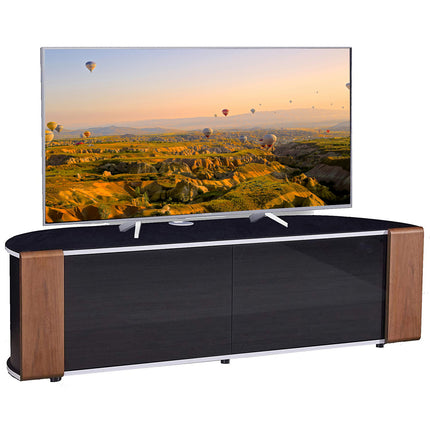 MDA Designs Sirius 1600 TV Cabinet Gloss Black Stand with BEAMTHRU Remote-Friendly Glass Door, Walnut/Oak Trims and Cable Management for TVs up to 70” TV Unit