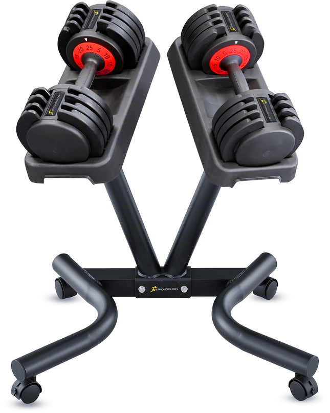 Strongology Tundra25 Adjustable Dumbbell Pair with Free Durable Steel Adjustable Tundra25 Dumbbell Floor Stand