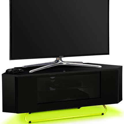 Centurion Supports Hampshire Corner-Friendly Gloss Black with Black Beam-Thru Remote Friendly Door up to 50" Flat Screen TV Cabinet with 16 Colour LED Lights