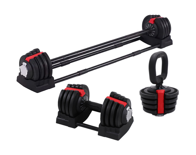 Strongology ELEMENT SET Home Fitness Black/Red Adjustable Smart Barbell/Dumbbell/Kettlebell from 2kg up to 19kg Training Weights