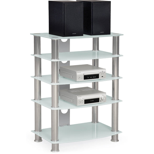 Centurion Supports Galago 5-Shelf White with Silver Legs Flat Screen TV/Hi-Fi/AV Rack Glass Stand