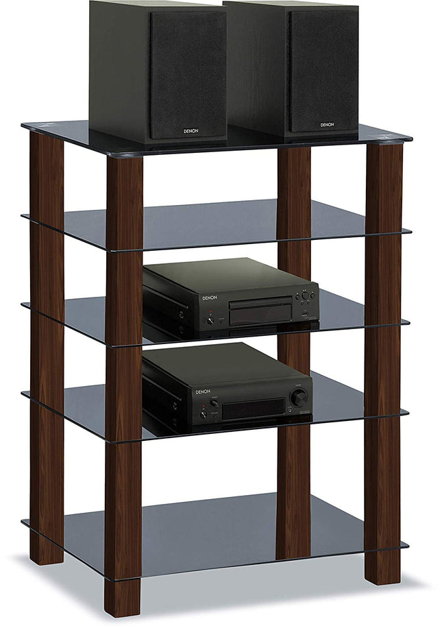 Centurion Supports TRINITY Gloss Black 5 Shelf with Walnut Legs Flat Screen TV Rack Glass Stand