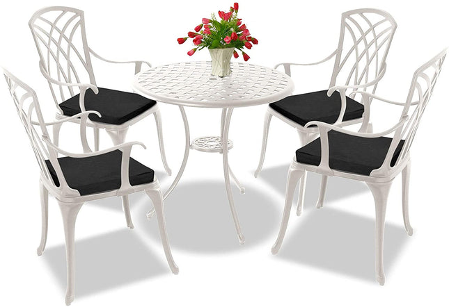 Centurion Supports OSHOWA Luxurious Garden and Patio Table and 4 Large Chairs with Armrests Cast Aluminium Bistro Set - White with Black Cushions