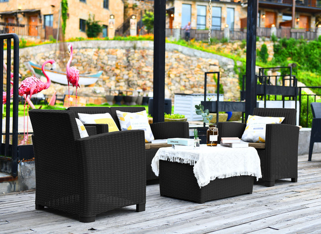 Centurion Supports SANTANA 4 Piece PE Rattan 4-Seater with Cushions Garden Furniture and Coffee Table Set in Black