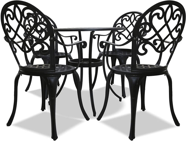 Centurion Supports PREGO Luxurious Garden and Patio Table and 4 Large Chairs with Armrests Cast Aluminium Bistro Set - Black