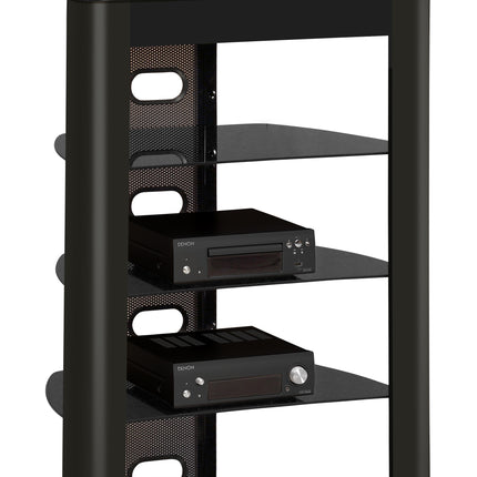 Centurion Supports Zinnia 5-Shelf Black Glass with Gloss Black Fascia Flat Screen TV/Hi-Fi/AV Rack Glass Stand