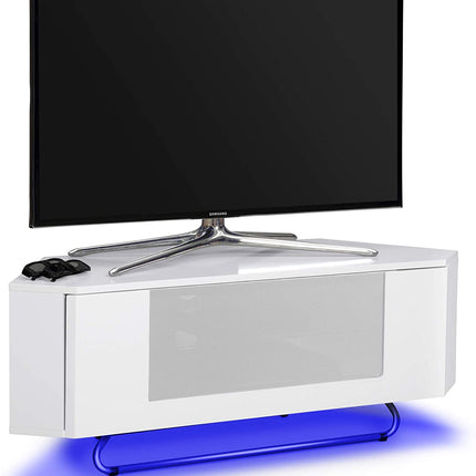 Centurion Supports Hampshire Corner-Friendly Gloss White with White Beam-Thru Remote Friendly Door 26"-50" Flat Screen TV Cabinet with 16 Colour LED Lights