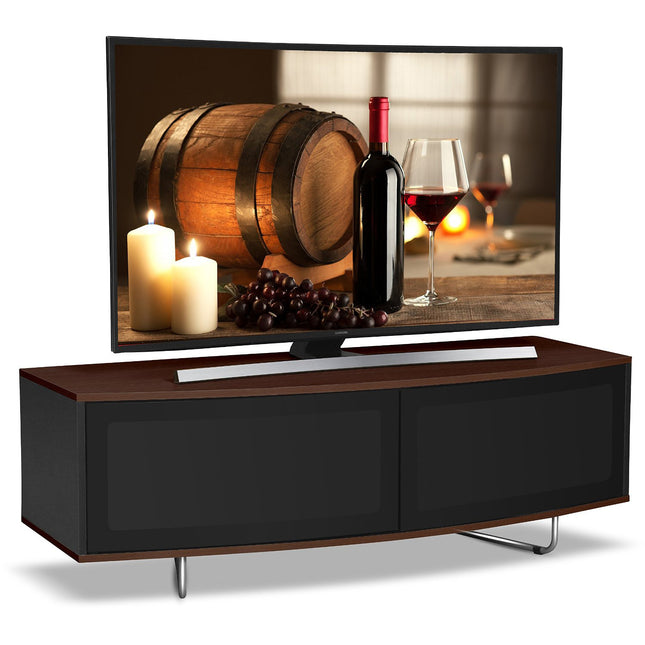 Centurion Supports Caru Gloss Black and Walnut Beam-Thru Remote Friendly Super-Contemporary "D" Shape Design 32"-65" LED/OLED/LCD TV Cabinet