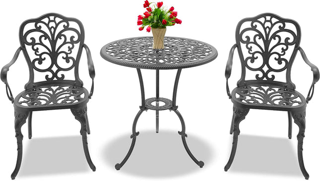 Centurion Supports BANGUI Grey Luxurious Garden and Patio Table and 2 Large Chairs with Armrests Cast Aluminium Bistro Set