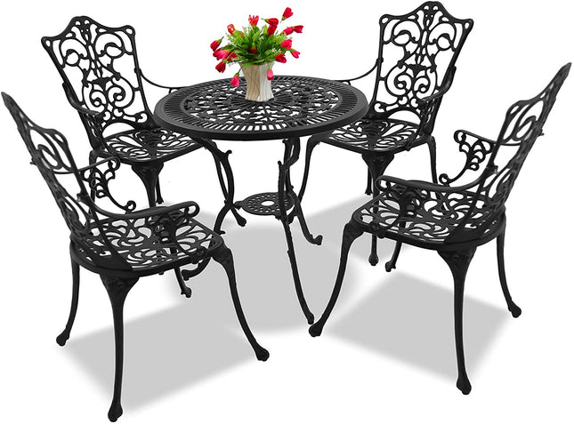 Centurion Supports TABREEZ Opulent Garden and Patio Table and 4 Large Chairs with Armrests Cast Aluminium Bistro Set - Black