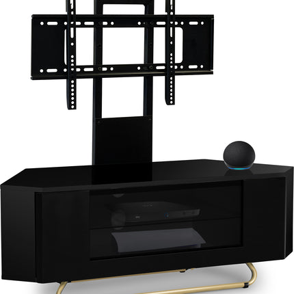 Centurion Supports Hampshire Corner-Friendly Gloss Black with Black Contrast Beam-Thru Remote Friendly Door 26"-50" Flat Screen TV Cabinet with Mounting Arm