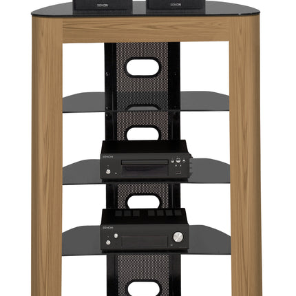 Centurion Supports Zinnia Black with Oak Fascia 5-Shelf Flat Screen TV, Hi-Fi, AV Rack, Media Stand, Entertainment Unit