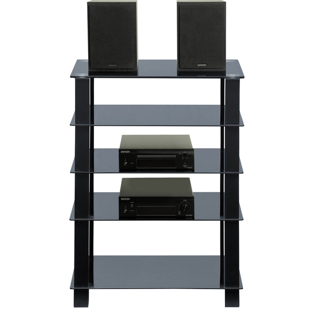 Centurion Supports TRINITY Gloss Black 5 Shelf with Black Legs Flat Screen TV Rack Glass Stand