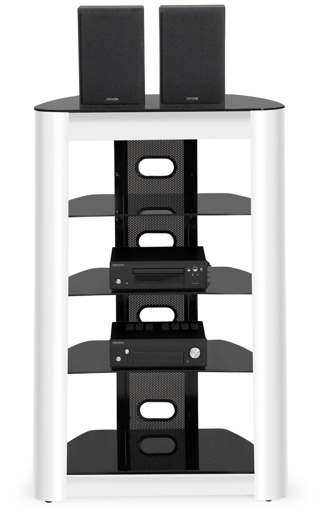 Centurion Supports ZINNIA 5-Tier Black Glass Shelves with Gloss White Fascia Entertainment Media Audio Rack