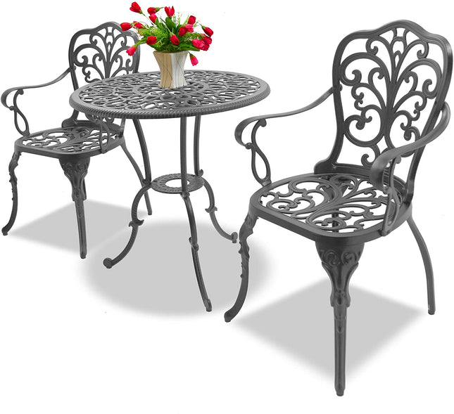 Centurion Supports BANGUI Grey Luxurious Garden and Patio Table and 2 Large Chairs with Armrests Cast Aluminium Bistro Set