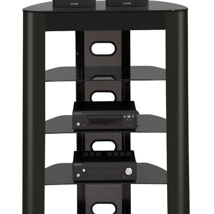 Centurion Supports Zinnia 5-Shelf Black Glass with Gloss Black Fascia Flat Screen TV/Hi-Fi/AV Rack Glass Stand