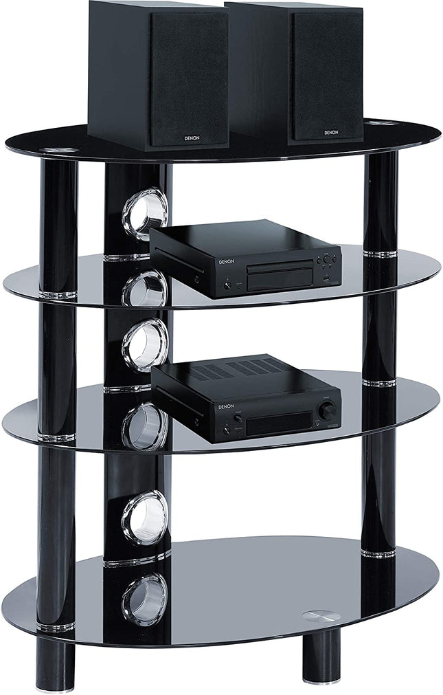 Centurion Supports HALIGON 4-Shelf Oval Premium Gloss Black Glass with Black Legs AV Rack